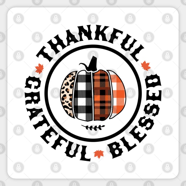 Thankful Grateful Blessed Orange Plaid Leopard Pumpkin Fall Sticker by OrangeMonkeyArt